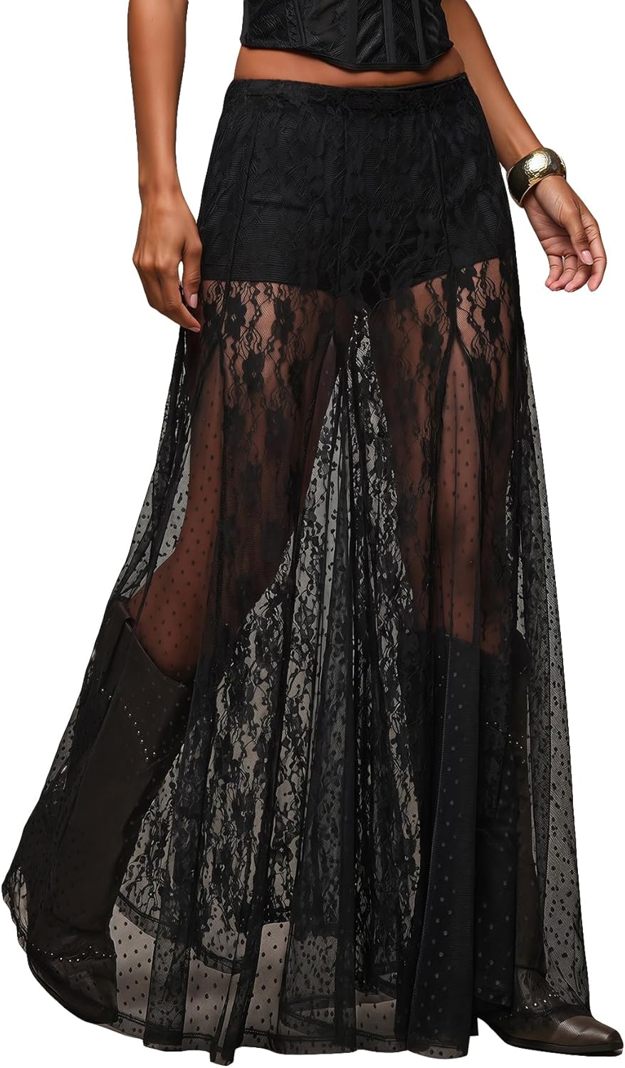 MakeMeChic Women's Lace Sheer Maxi Skirts Floral Polka Dots Ruffle Concert Boho Goth Long Skirts
