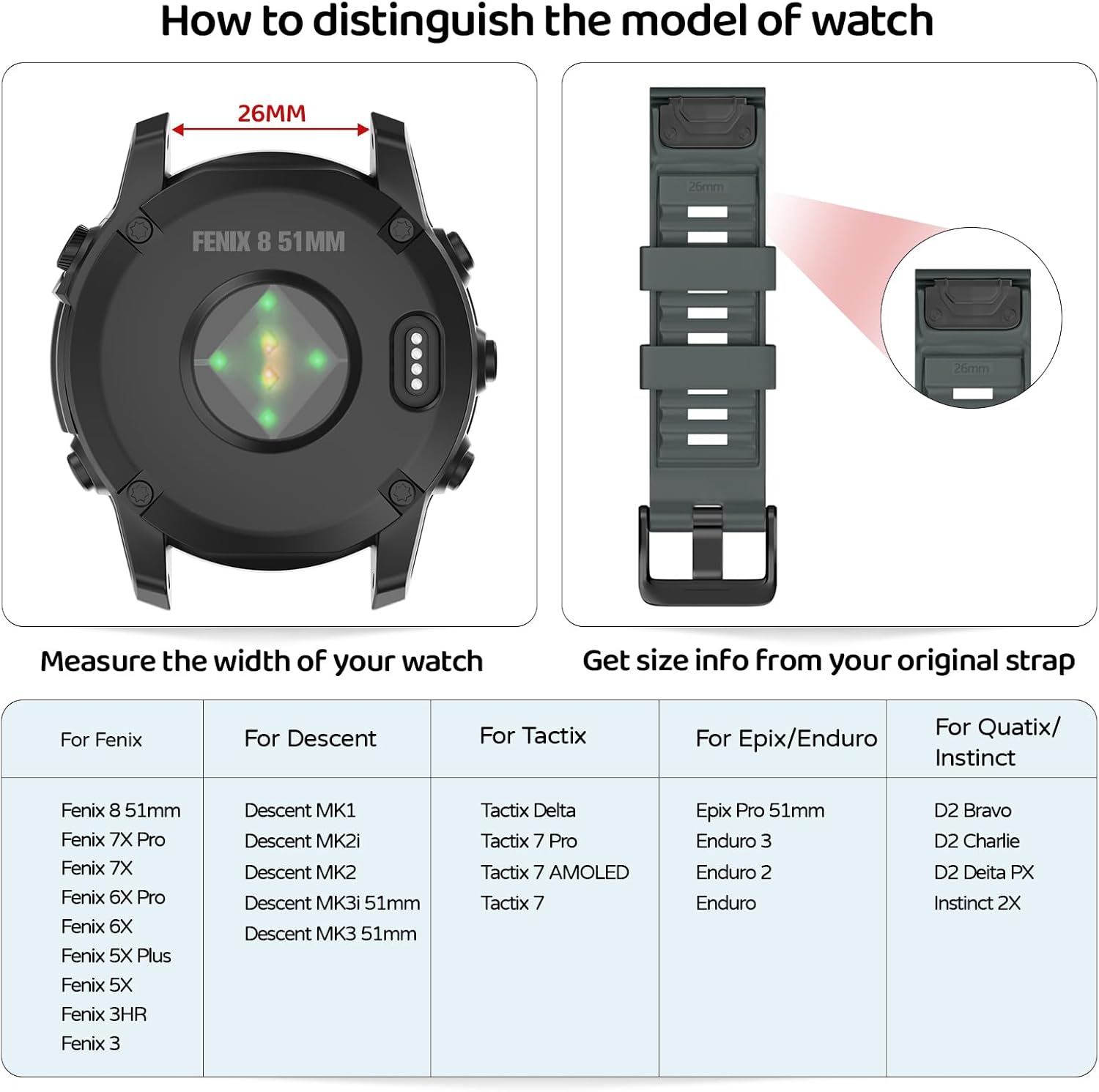Watch Band for Garmin Fenix 8 51mm/Fenix 7X/Fenix 7X Pro/Fenix 6X/Fenix 6X Pro/Fenix 5X/Fenix 3, 26mm Silicone QuickFit Band - Image 2