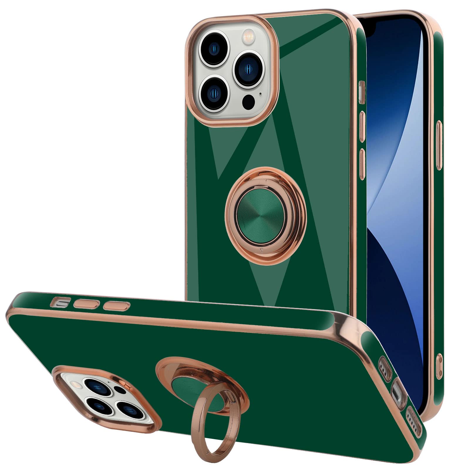 TEAUGHT Compatible with iPhone 14 Pro Case with Kickstand Soft TPU Plating Shockproof Protective 360 Degree Rotate Ring Holder Magnetic Case Slim Stand Cover for Women Girls Men - Green
