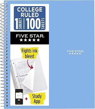 Five Star Spiral Notebook + Study App, 1 Subject, College Ruled Paper, 8.5 x 11, 100 Sheets, Blue (Color May Vary) (72565)