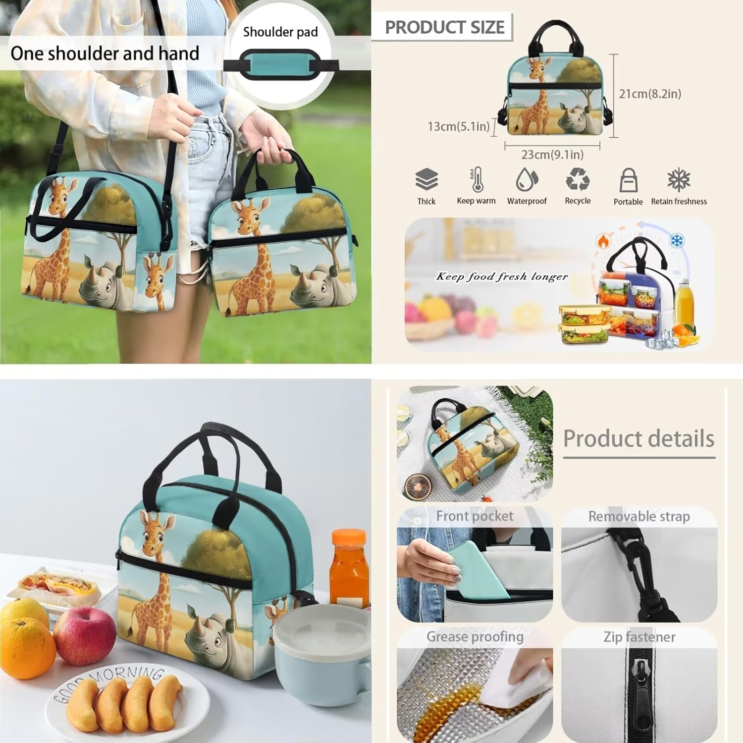 Giraffe Girls Backpack and Lunch Box Set Rhinoceros Pattern Insulated Lunch Bag Kids Girls 17 Inch Large Capacity Teen Bookbag 4 Piece Cute Book Bag Purse for Kids