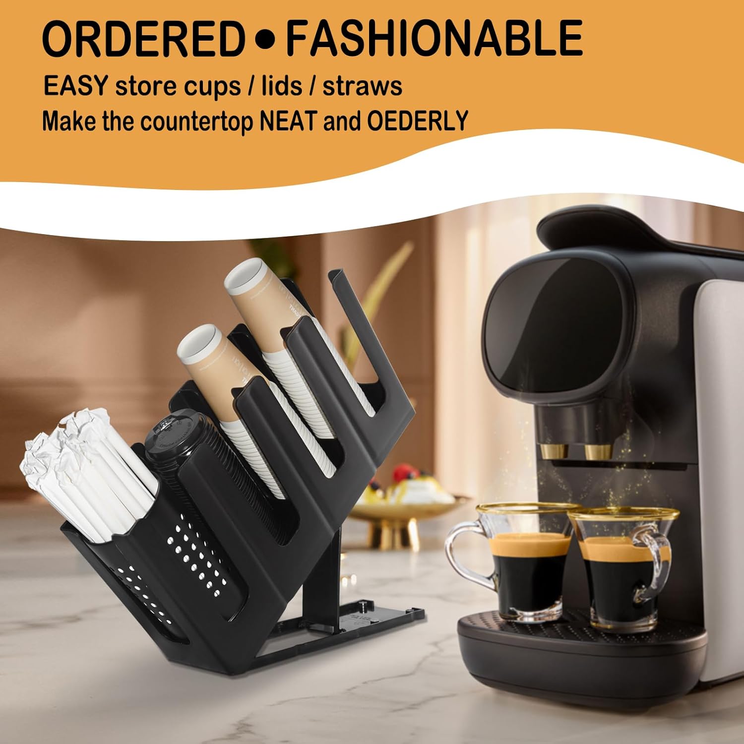 Cup Holder Lid Dispenser with Straw Organizer,4 Compartment 7 Adjusting,Disposable Paper Cup Storage Organizer for Breakroom Countertop Coffee Station Bar Restaurant Beverage Kitchen Coffee Truck