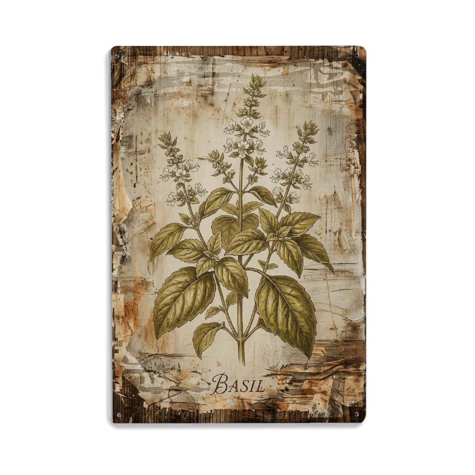 Basil Botanical Vintage Metal Tin Sign Plaque Wall Decor for Cafe, Club, Garden Metal Poster 8x12Inch