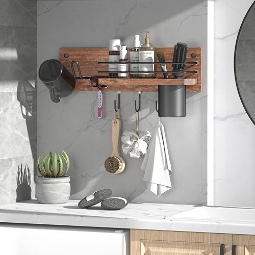 Miniatura 5 de Soporte de madera para secador de pelo montado en la pared, organizador de herramientas de pelo de baño, estante de soporte para secador, rizador y