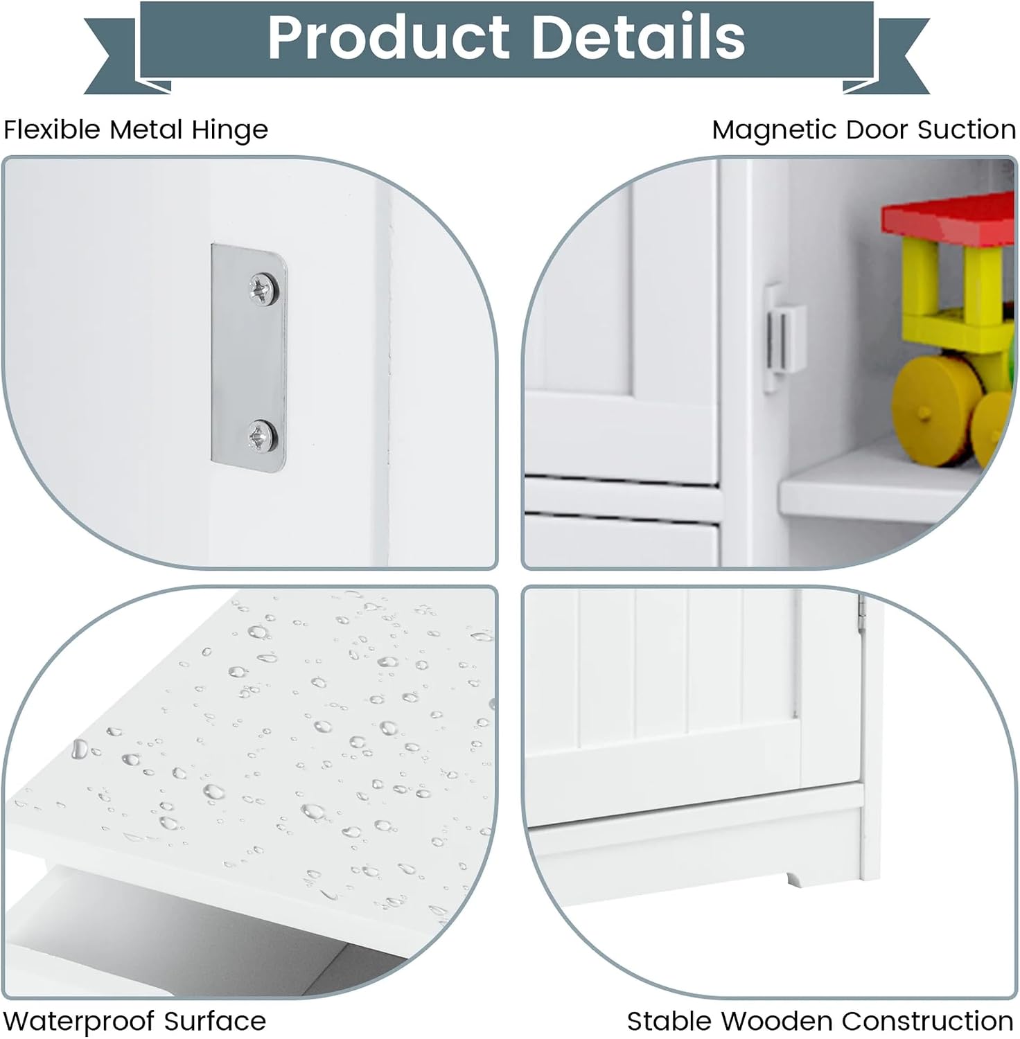 Wooden Bathroom Cabinet with 4 Drawers and Cupboard, MDF, White, Free Standing, 22" L x 12" W x 32" H, Adjustable Shelf