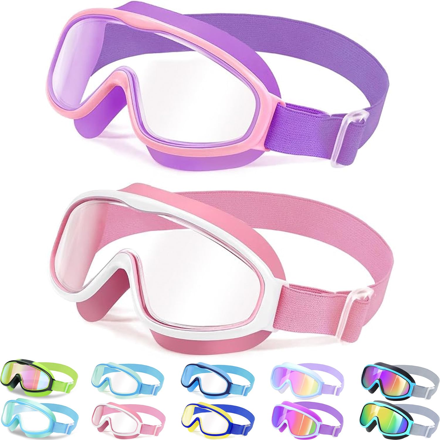 Vvinca Kids Goggles with Comfort Fabric Strap, Kids Swim Goggles Wide View Anti-Fog/UV No Leaking Swimming Goggles for 3-14