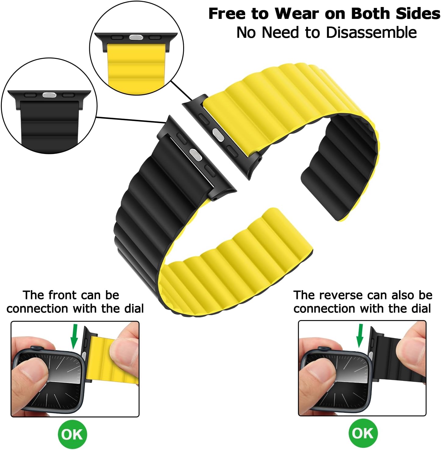 Tasikar Magnetic Straps Compatible with Apple Watch Strap 49mm 45mm 44mm 42mm Ultra 2 Ultra Series 9 8 7 6 5 4 3 2 1 SE 2 SE, Silicone Band with Magnetic Closure for Men Women (Yellow-Black) - Image 2