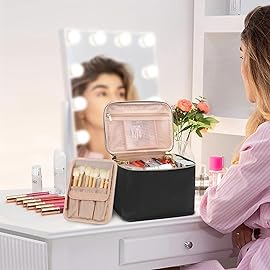 OCHEAL Travel Makeup Bag, Large Make up Bag Organizer Cosmetic Case with Detachable Brush Divider and Multi-purpose Comparement,Waterproof Portable for Toiletry Accessories Makeup Tools-Black