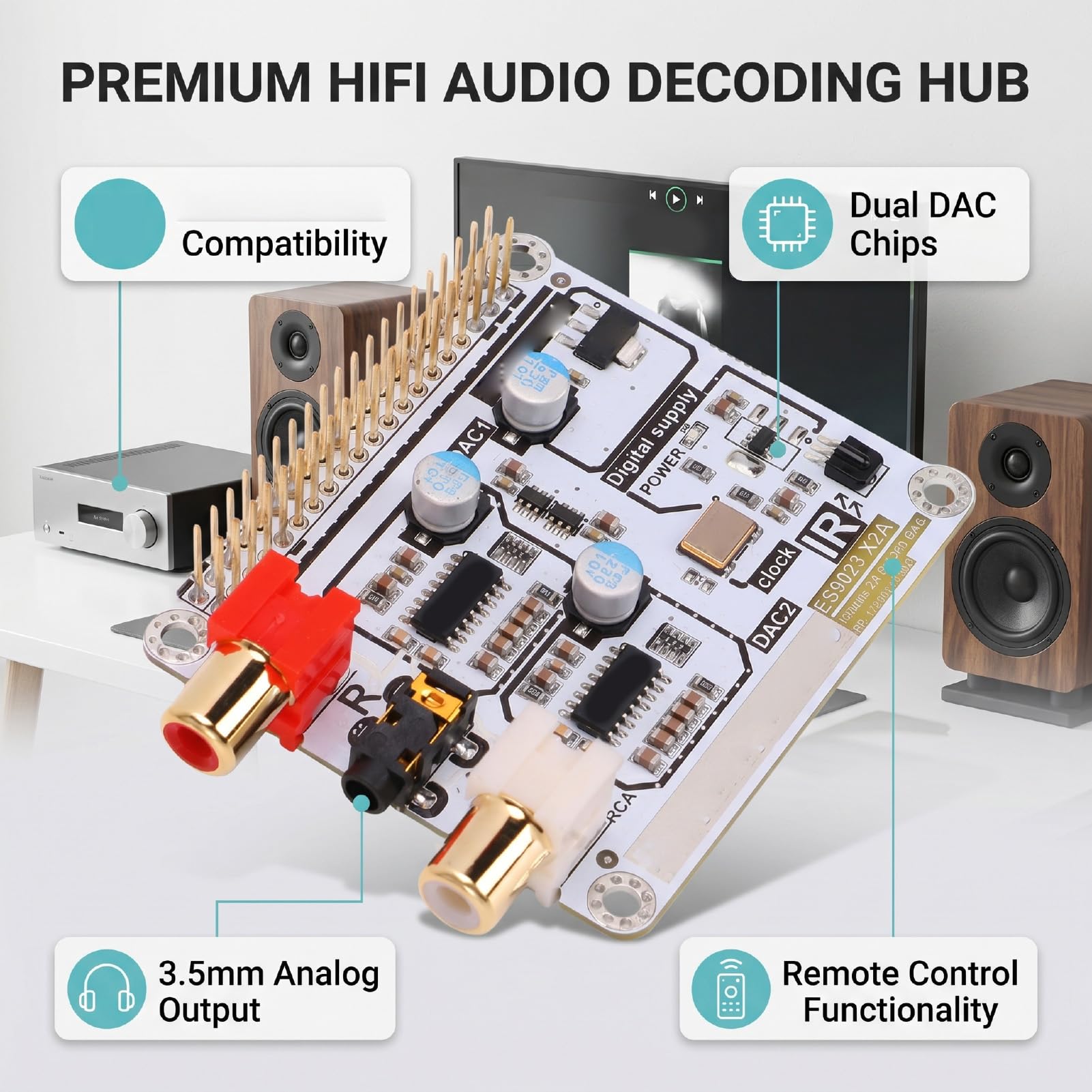 HiFi Cyfrowy na Analogowy HAT dla RasPi 4B, Podwójne Dekodowanie