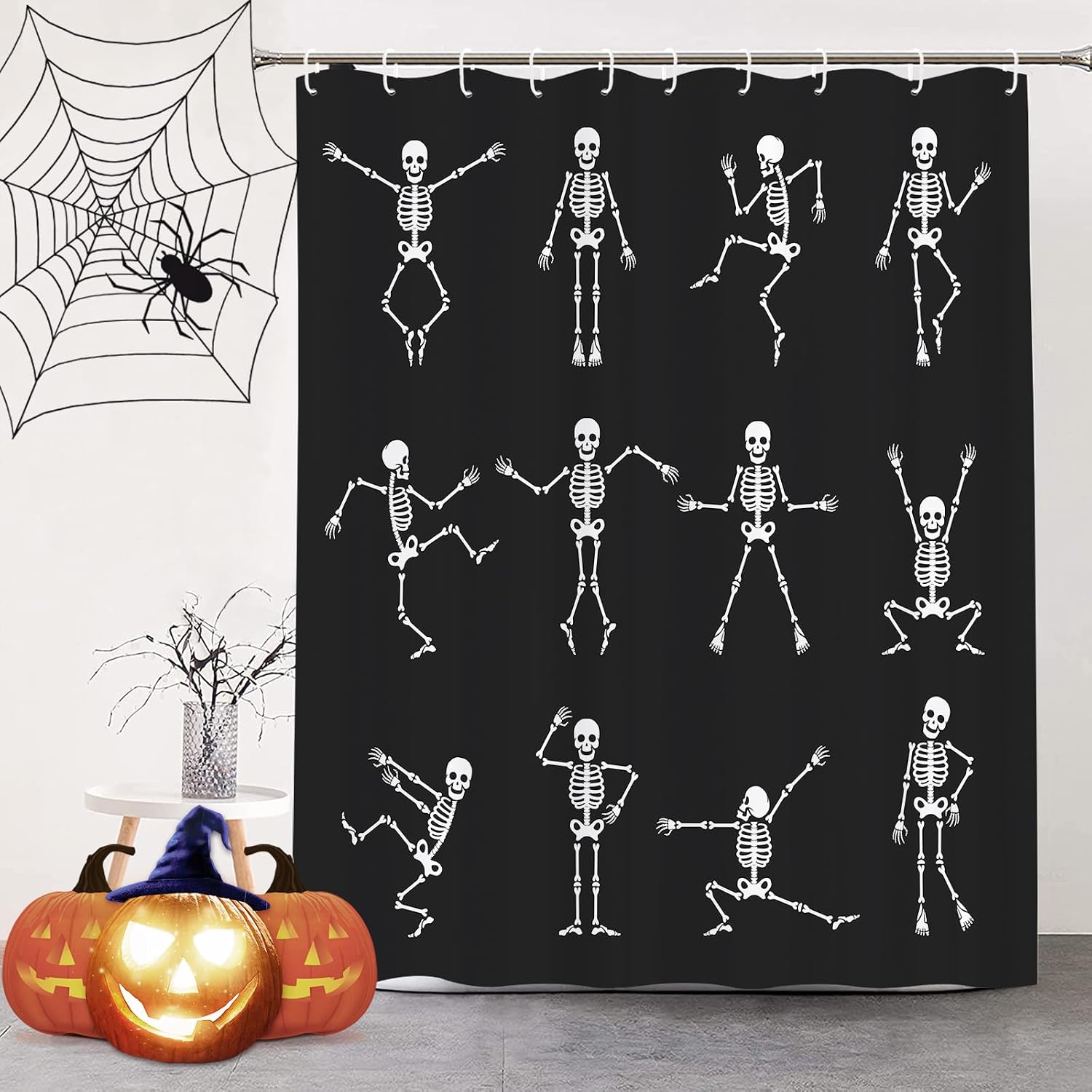 Skeleton Skull Shower Curtain Funny Dance Halloween Dancing Cartoon Fun Joints Party Vintage Shower Curtain Sets with 12 Hooks, Eco-Friendly, No Odor Rust Proof Grommets, Black