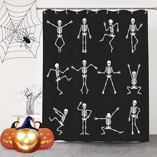 Miniatura 9 de JOOCAR Divertida cortina de ducha de fantasma blanco lindo Halloween espeluznante diablo sobre negro, juego de cortina de ducha duradera con 12