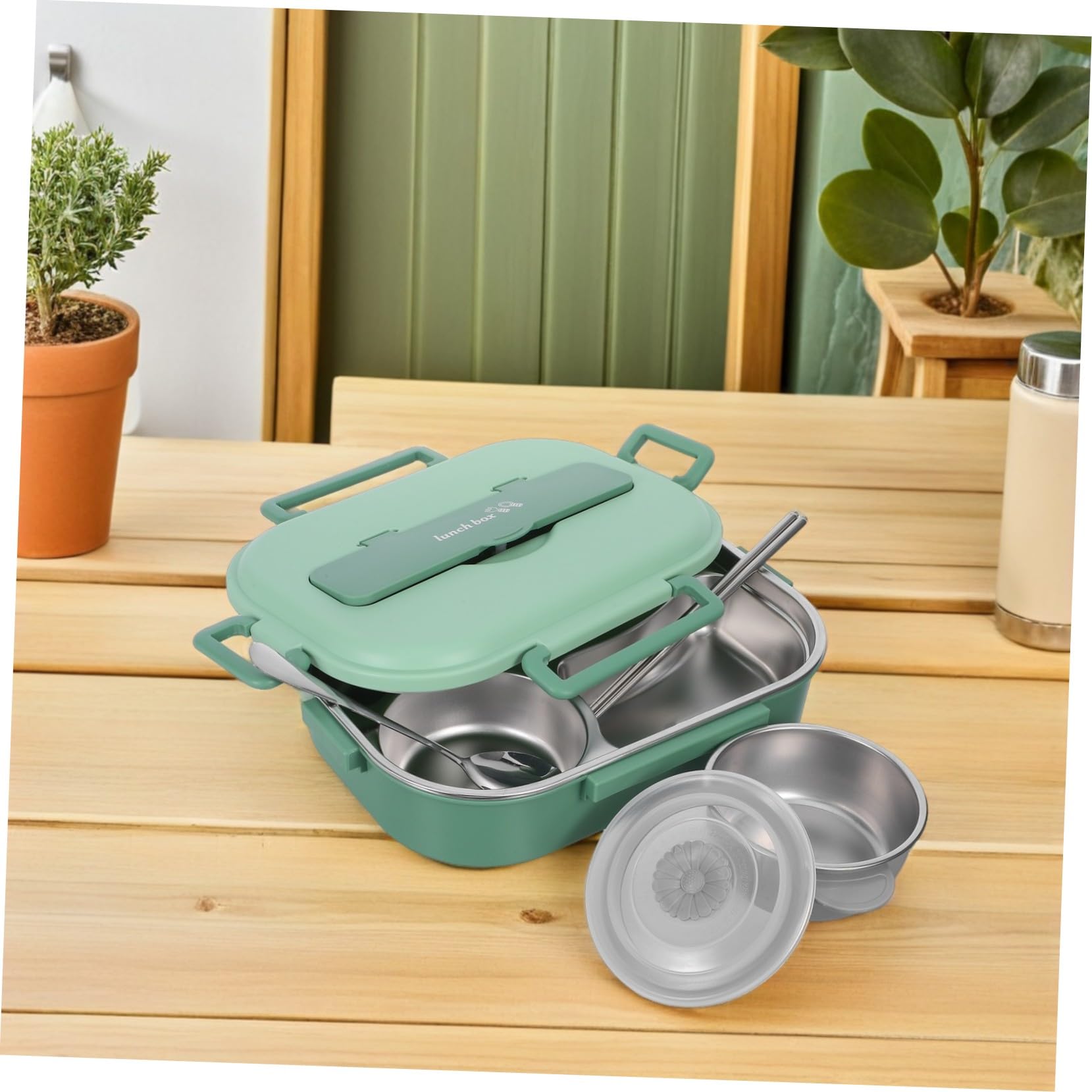 Fiambrera Bento para Adultos de Acero Inoxidable 1500ml, 4 Compartimentos | Verde, Hermética y Dividida, Incluye Tazón para Sopa, Vajilla, Palillos y Cuchara, Decoracion Colegio