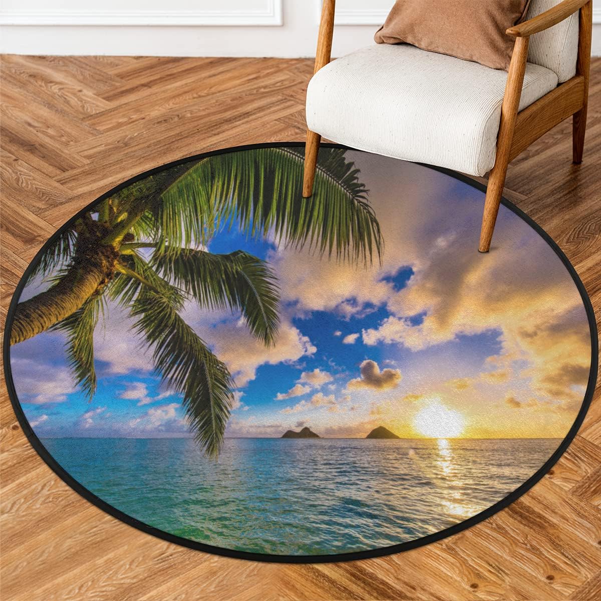 Beachy Round Rug Ocean Sea Summer Beach Palm Tree08 Round Area Rug 5ft Machine Washable ...