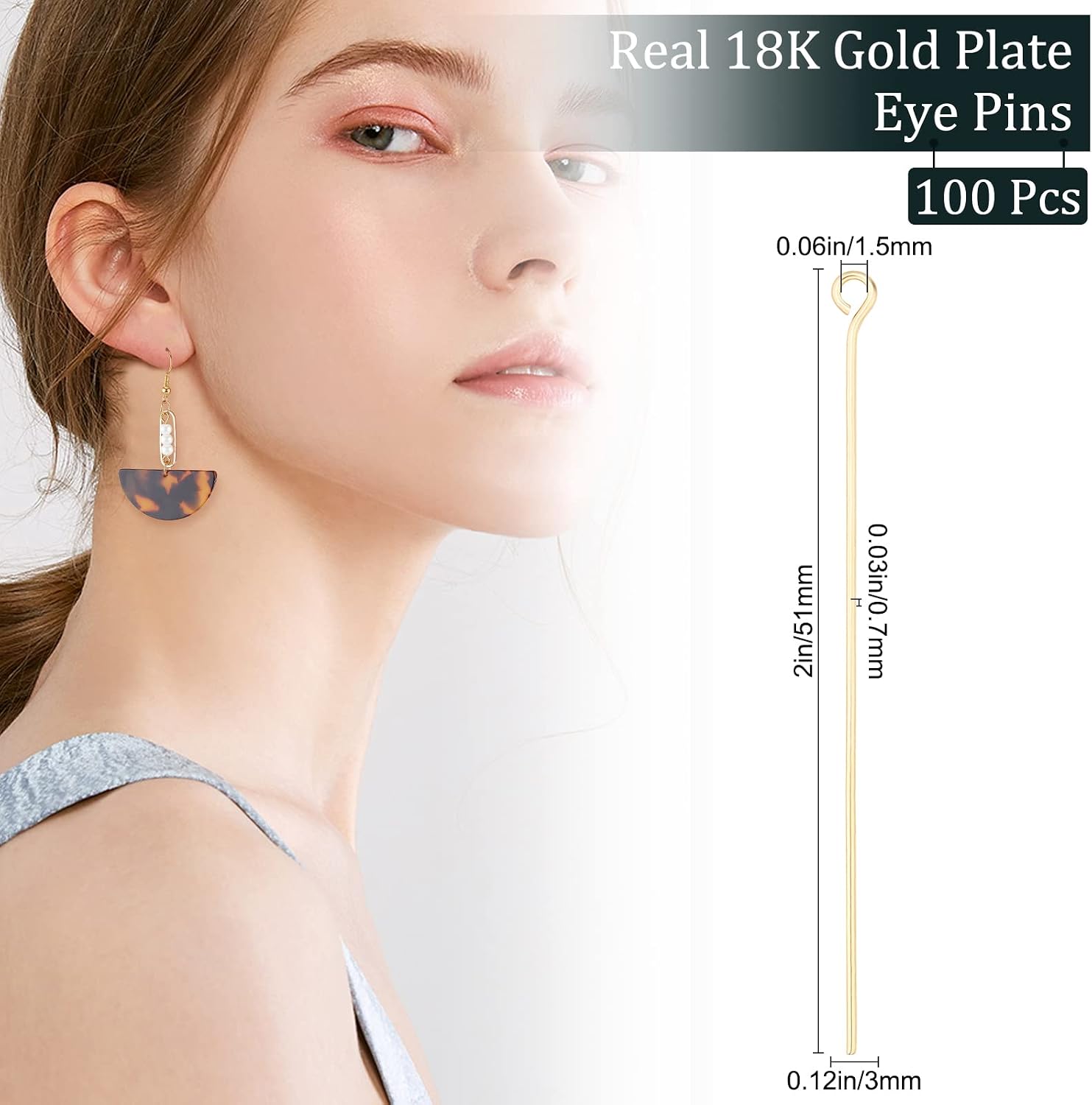 Beebeecraft 100Pcs/Box Open Eye Pins 18K Gold Plated Head Pins 50mm Jewelry Making Findings for Charm Beads DIY Making, Hole: 1.5mm
