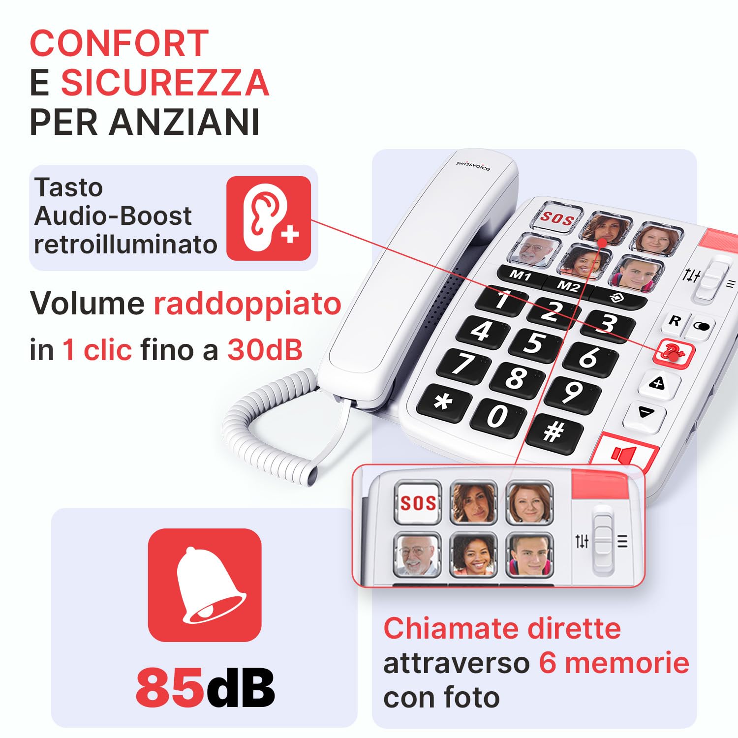 SWISSVOICE - Xtra 1110 - Telefono fisso con filo per anziani - Tasti grandi - 6 tasti di memoria con foto - Suonerie extra forti - Indicatore luminoso - Audio Boost - Compatibile apparecchi acustici