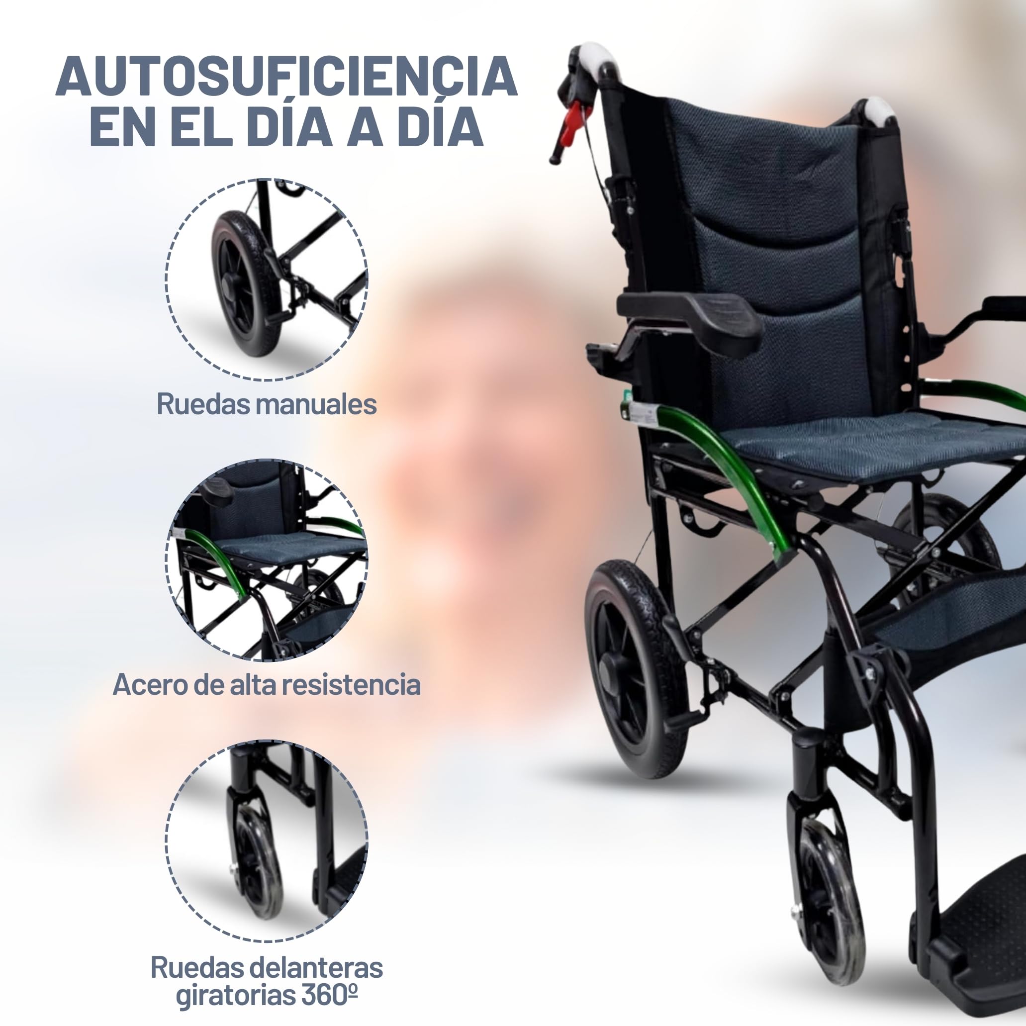 Inko Mobility Silla de Ruedas Plegable Ligera, Estable y Segura, Silla de Ruedas de Paseo para Adultos, Ancianos y Mayores, Dispositivo Antivuelco Incluído, Estrecha y Resistente, Wheelchair