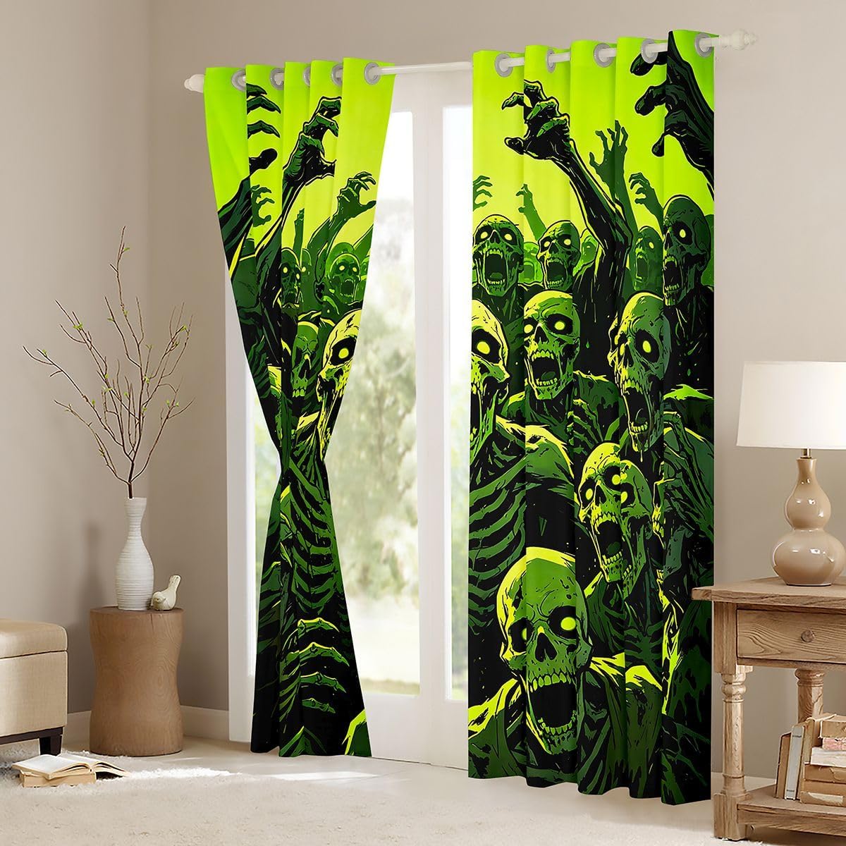 Castle Fairy Happy Halloween Window Curtain Set of 2 Panels,Cartoon Skeleton Bones Blackout Curtains,Spooky Ethnic Style Window Drapes for Kids Boys Room Decor,Green 52Wx63L Inches