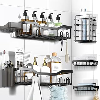 NESOMI 7-Pack Adhesive Shower Caddy Rustproof Stainless Steel Organizer - No Drill Bathroom Shelves with 24 Hooks, Soap Dish & Toothbrush Holder