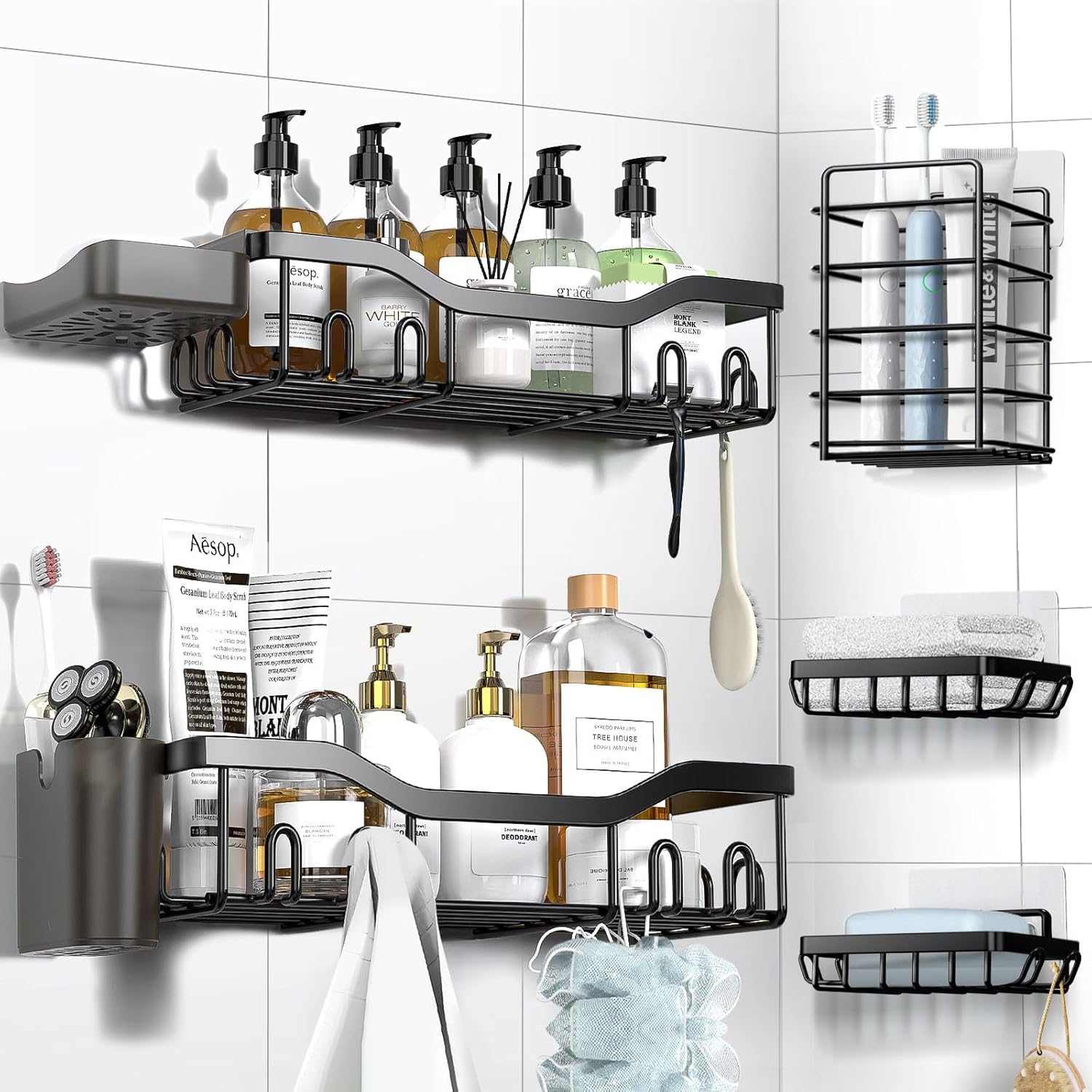 Shower Caddy Adhesive Shower Organizer 7-Pack Rustproof Stainless Steel Bathroom Shelves Large Capacity No-Drill Rack Storage Accessories with