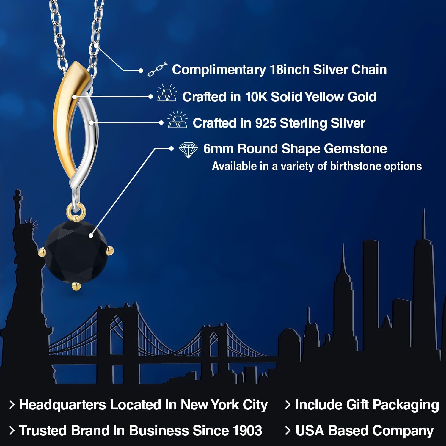 Gem Stone King 925 Silver and 10K Yellow Gold Black Onyx Pendant Necklace for Women | 0.80 Cttw | Gemstone December Birthstone | Round 6MM | With 18 Inch Silver Chain - Image 2