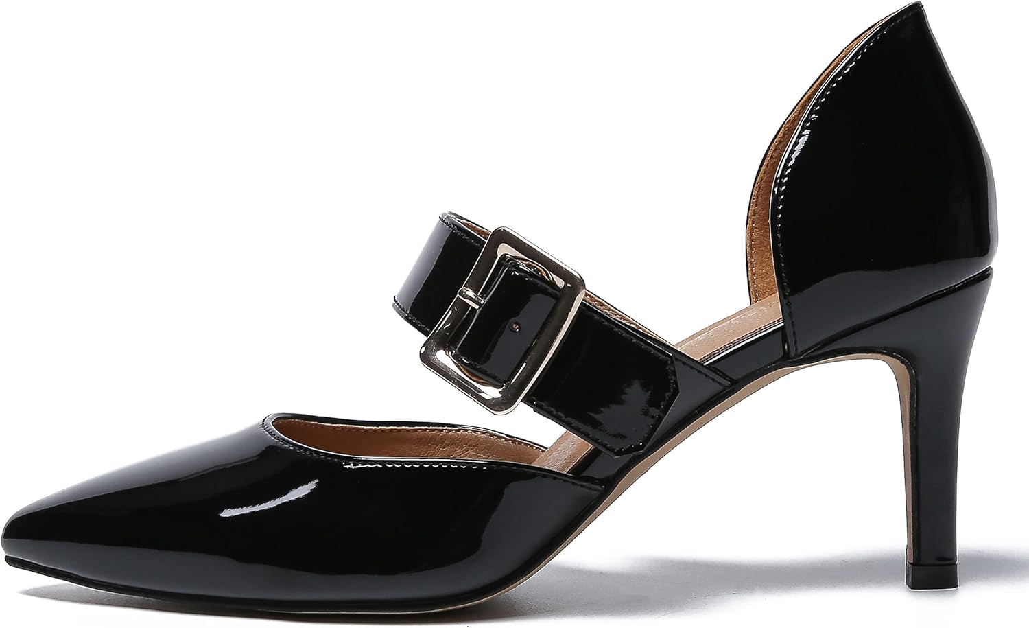 MAIERNISI JESSI Women's D'Orsay Pointed Toe Pumps, Stiletto Kitten Heel, Buckle Strap Dressy Shoes
