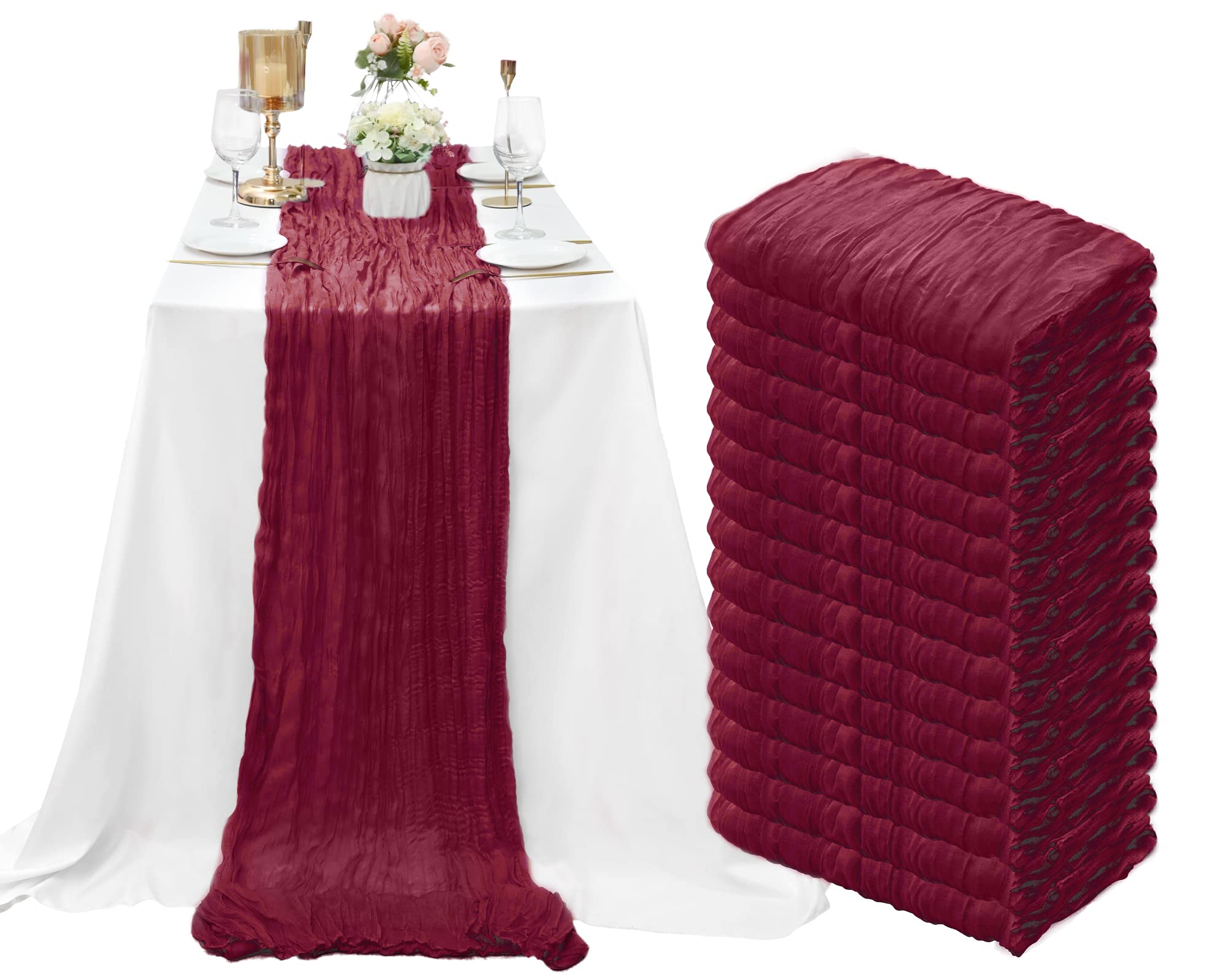 15 Pack Cheesecloth Table Runner 10Ft Gauze Cheese Cloth 35x120 Inch Boho Table Runner Holiday Table Runner Table Cover for Wedding Birthday Party Bridal Shower Reception Boho Table Décor (Burgundy)