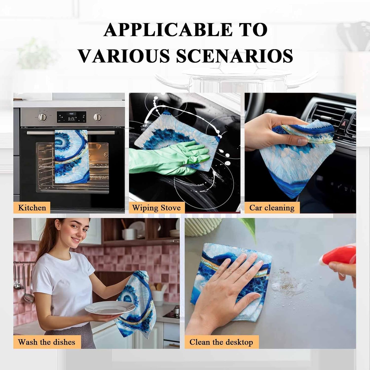 Blue Agate Kitchen Towels - 3 Pack Absorbent Dish Towels for Kitchen Vintage Geode-Decor Marble Ombre Cavity Rock Lined With Crystals Farmhouse Kitchen Hand Towels/Tea Towels/Bar Towels 18"x28"