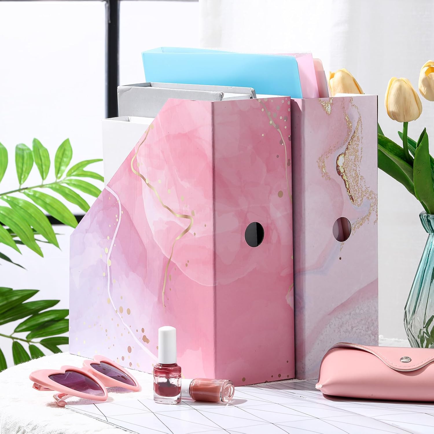 PerKoop 12 Pcs Decorative Magazine File Holders Floral Foldable File Folders Magazine Storage Boxes Rack Desk Organizer Documents with Printable Labels for School Office Home (Marble)