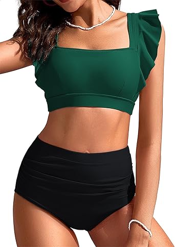 Kate Kasin Womens High Waisted Bikini Sets Ruffle Tummy Control Swimsuits Full Coverage Cheeky Two Piece Bathing Suit