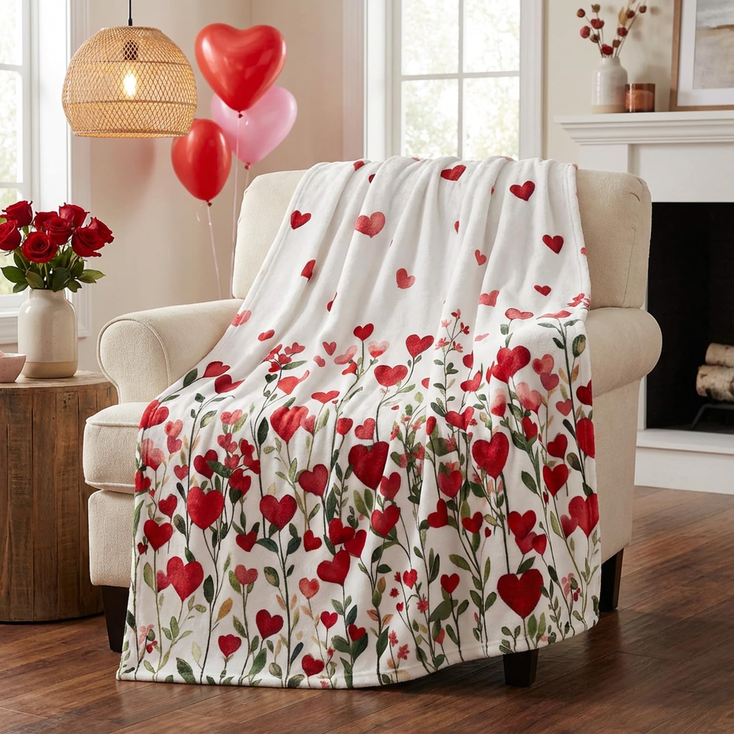 Horaldaily Valentine Flannel Blanket Throw, Floral Love Hearts Soft Fuzzy Plush Cozy Fleece Blankets for Couch Sofa Bed Lounging, Ideal Gifts for Kids Adults Wife Self, 60x80