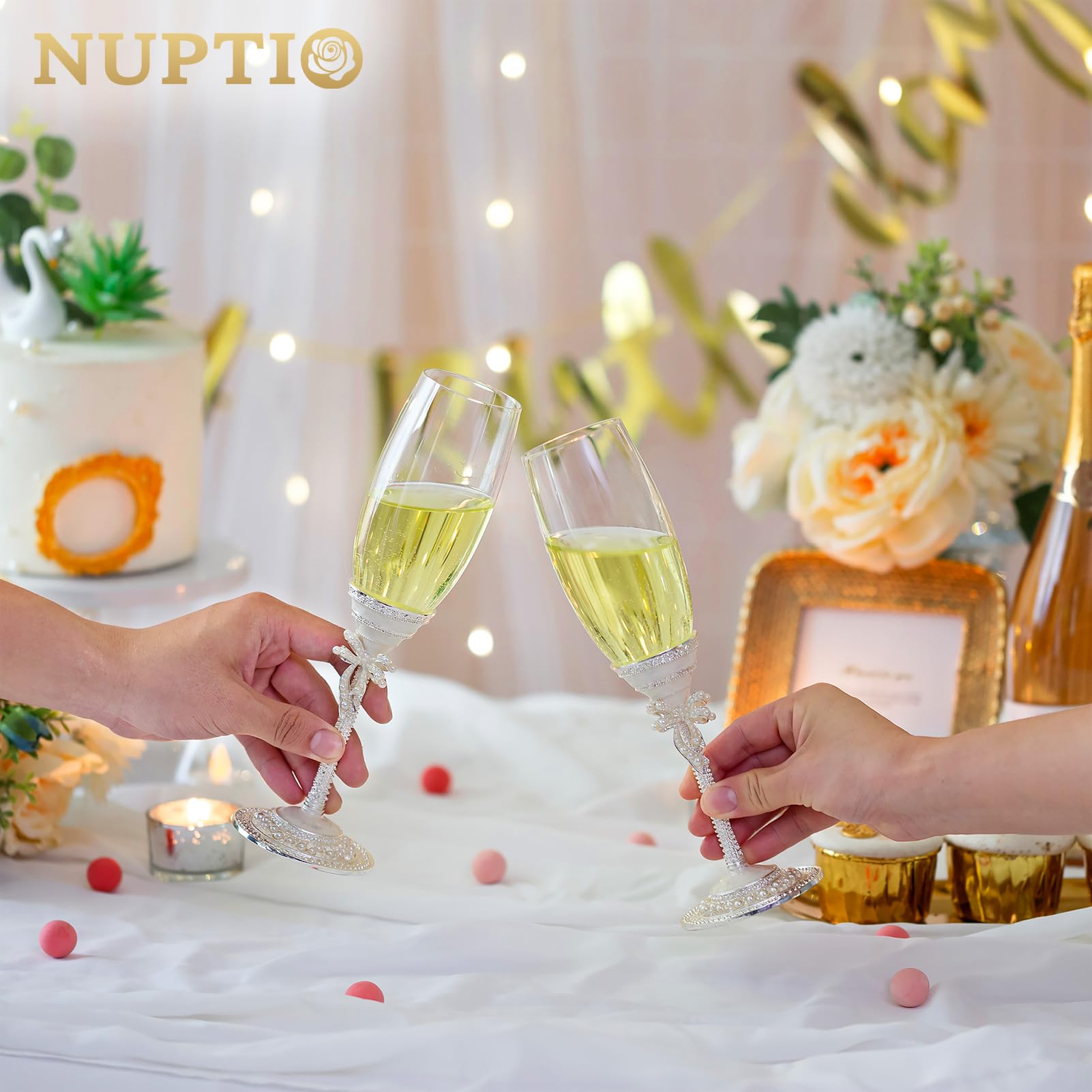 Nuptio Bicchieri per Flute Champagne Regalo: 2 Pezzi Calici Champagne Smalto Matrimonio Brindisi Vetro Cristallo per Sposa e Sposo Anniversario Fidanzamento Matrimoni Coppia Compleanno Regali Partito