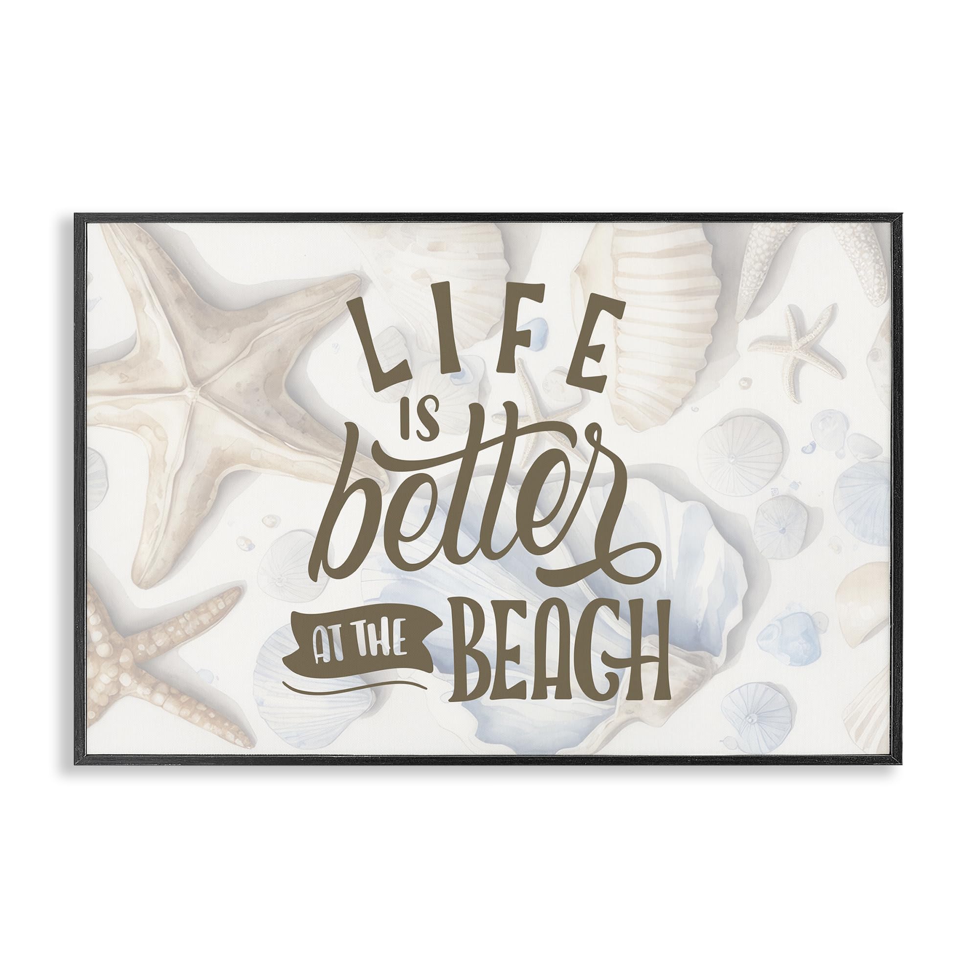 Stupell Industries Midnight Black (Textured) Better At Beach Seashells Coastal, 20 X 30 Inch Framed Giclée Print