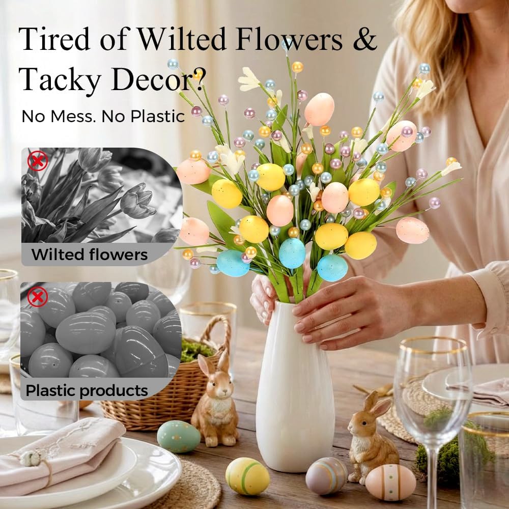 2026 Upgraded Artificial Easter Spray Vine with Pastel Easter Eggs and Berries, Spring Flower Stems Egg Twig Branches for Home Party Wedding Holiday Spring Summer Decoration (Velvet Style B)