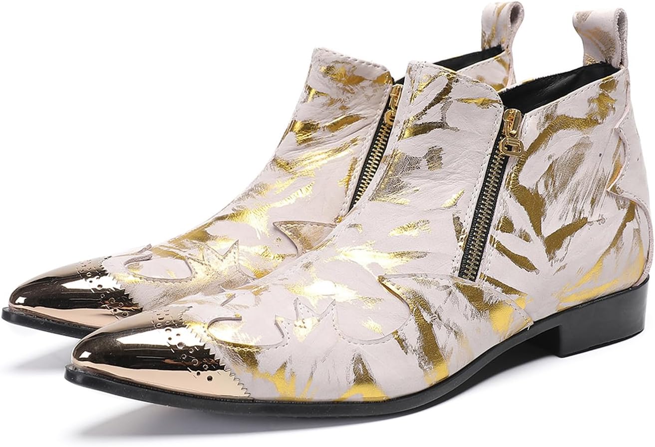 Santimon Men's Dress Casual Chelsea Boots - Glossy Patent Leather Cowboy Ankle Boots with Double Zipper & Metral Pointed Toe Western Boots for Party, Club & Stage
