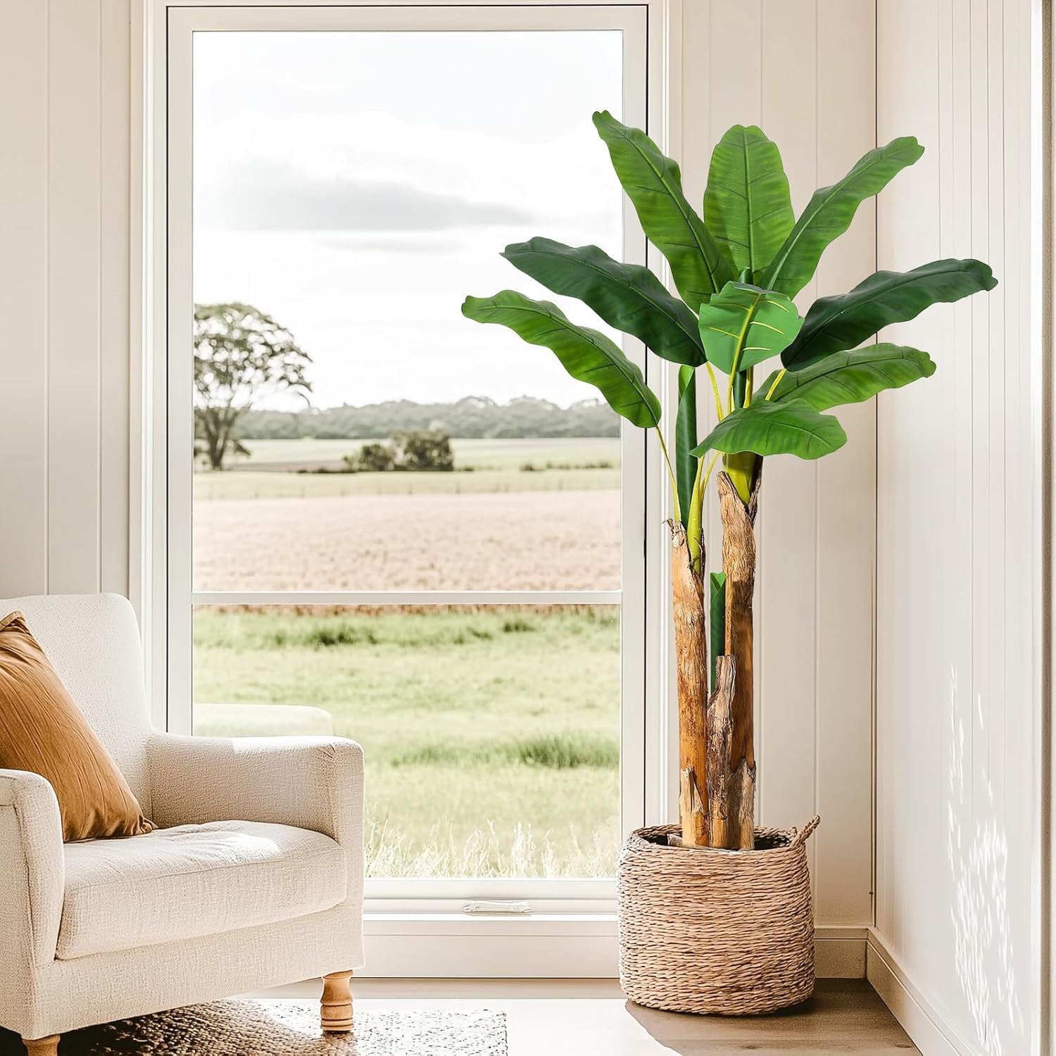 GarveeHome Artificial Banana Tree, 7 ft Faux Banana Tree with Grey Planter, Artificial Plants with 24 Faux Banana Leaves Plant for Home Office Decor
