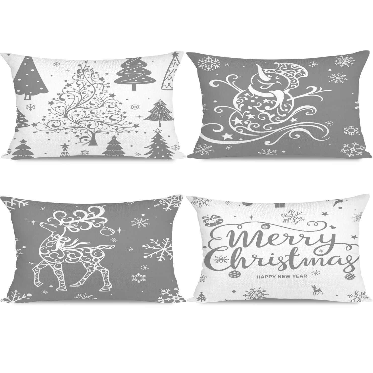Miaikoe Christmas Cushion Covers 30x50 Set of 4 Christmas Decoration Trees Deer Snowman Merry Christmas Decorative Holiday Farmhouse Pillow Cases for Holiday Christmas Decoration(Grey)