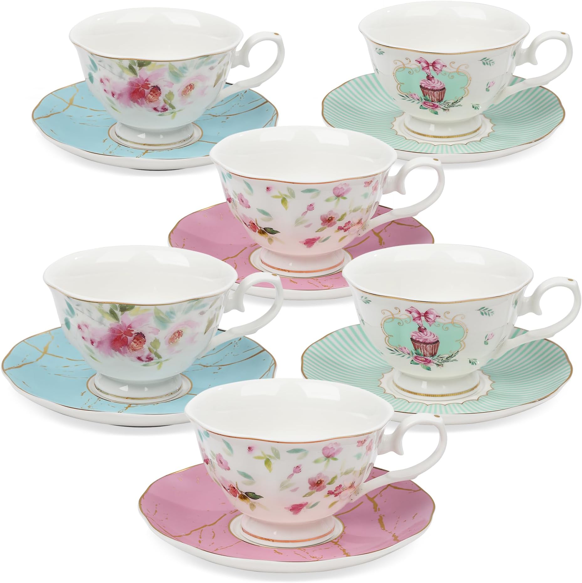 fanquare Pink Rose Porcelain Coffee Set of 6, British Tea Gift Set for Women, Floral Tea Cup and Saucer Set