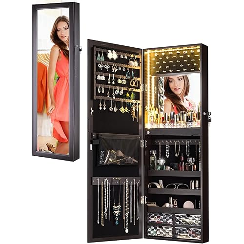LUXFURNI Jewelry Organizer with LED Lights, 42.5" H Mirror with Jewelry Storage Wall-Mount/Door-Hanging Cabinet, Black