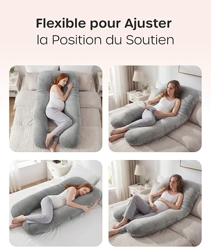 Nuliie Coussin de Grossesse pour Dormir, Oreiller de Corps Complet en Forme de U, Soutien pour Le Dos, Les Hanches et Les Jambes des Femmes Enceintes, avec Une Housse en Velours Lavable (Gris) - 7