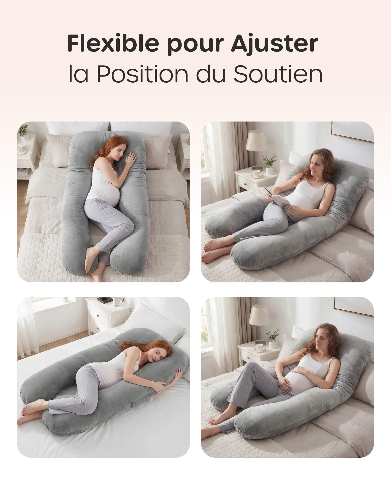 Nuliie Coussin de Grossesse pour Dormir, Oreiller de Corps Complet en Forme de U, Soutien pour Le Dos, Les Hanches et Les Jambes des Femmes Enceintes, avec Une Housse en Velours Lavable (Gris)
