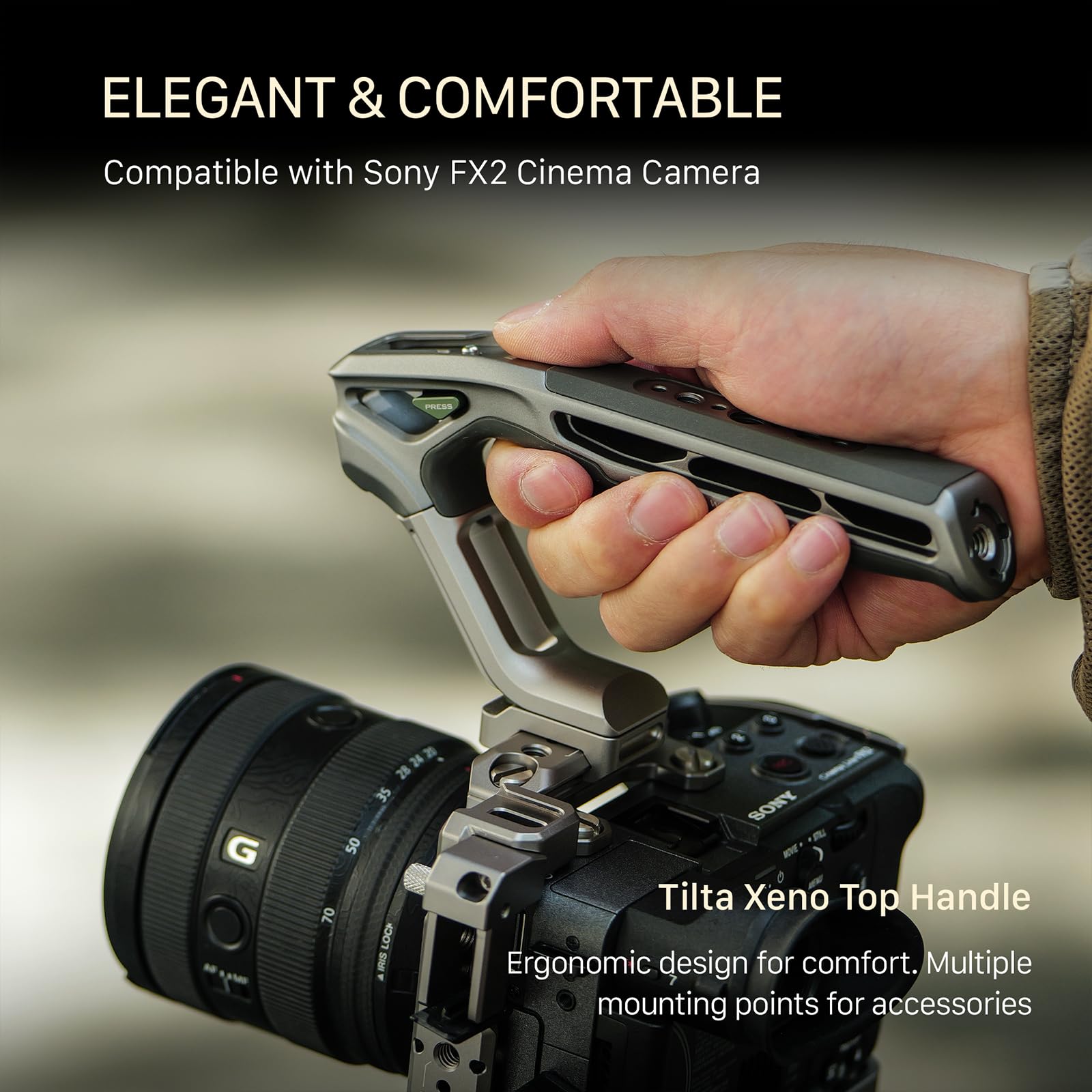 Tilta FX2 Cage, gabbia completa per fotocamera compatibile con il kit base Sony FX2 con impugnatura superiore Xeno, guida NATO, filettature 1/4“-20 e 3/8”-16 - Grigio titanio TA-T88-B-TG