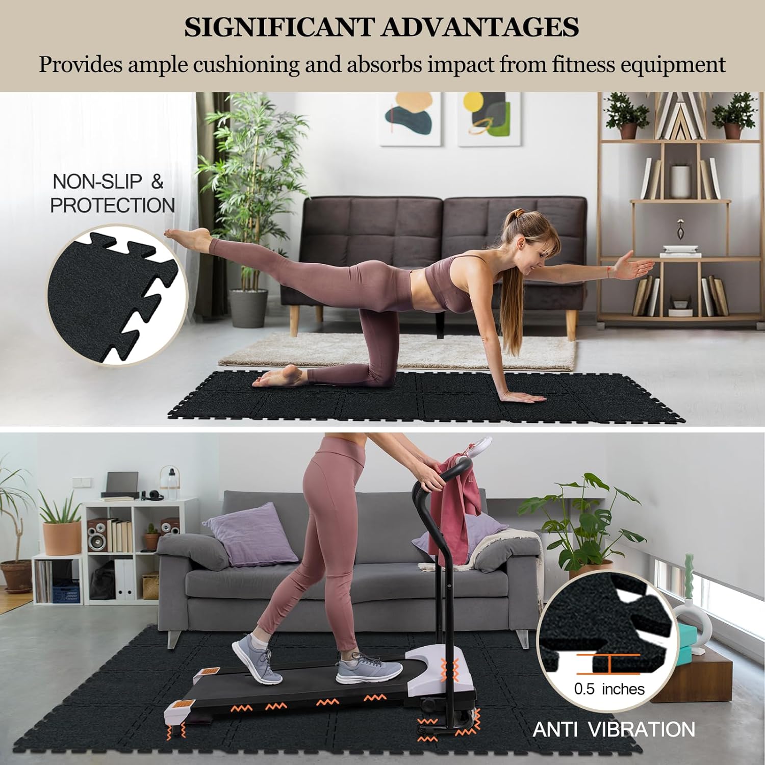 BXI Gym Flooring Mats 15 Pcs, 11x 11 x 0.5 inches High Density Exercise Floor Tiles, Non Slip Interlocking Noise Shock Reduction Puzzle Felt Mat for Workout, Basement and Home Gym Protective