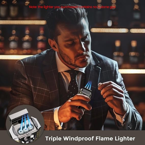 Triple Jet Windproof Refillable Torch Lighter with Holder, Adjustable Flame Control, Portable Butane Lighter with Fuel Window for Candle, Outdoor and Travel