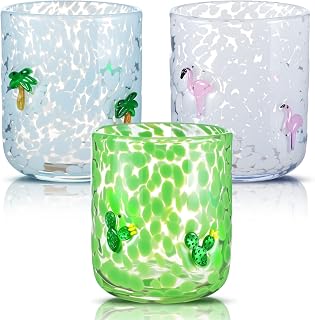 3 Pcs Icon Juice Glasses, 14oz Stemless Drinking Glasses Set, Ideal for Gift & Summer Beach Party Drinkware (Tropical)