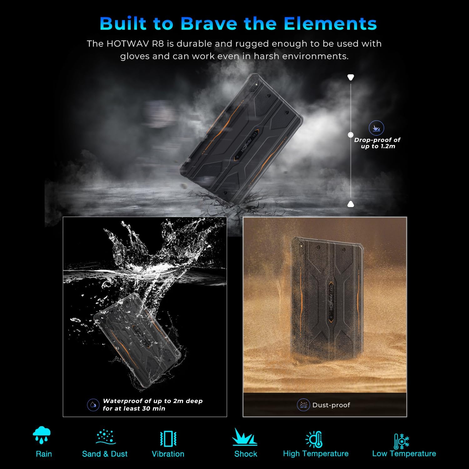 HOTWAV R8 Tablet demonstrating water, dust, and drop resistance