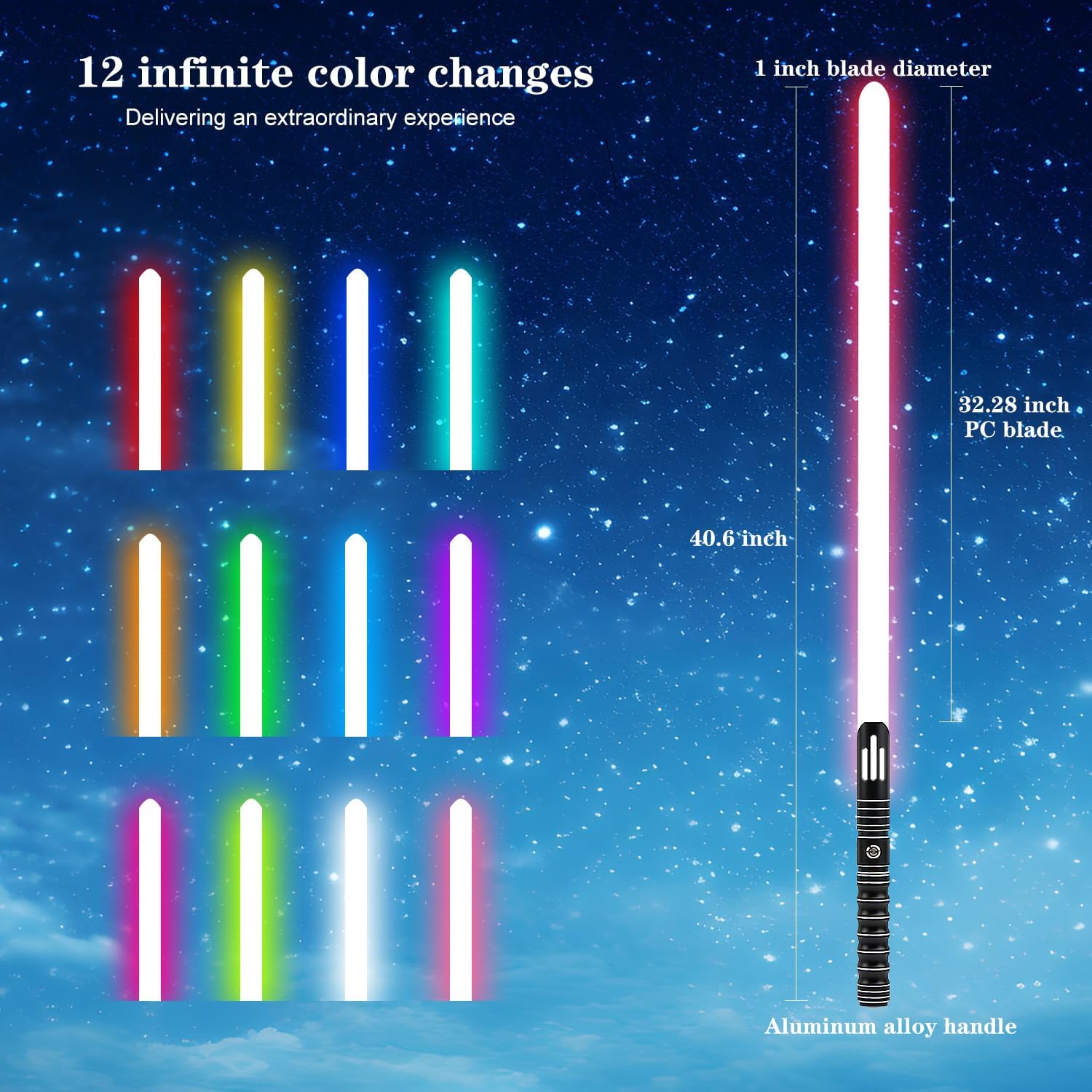 Lightsaber dimensions and 12 color options displayed.