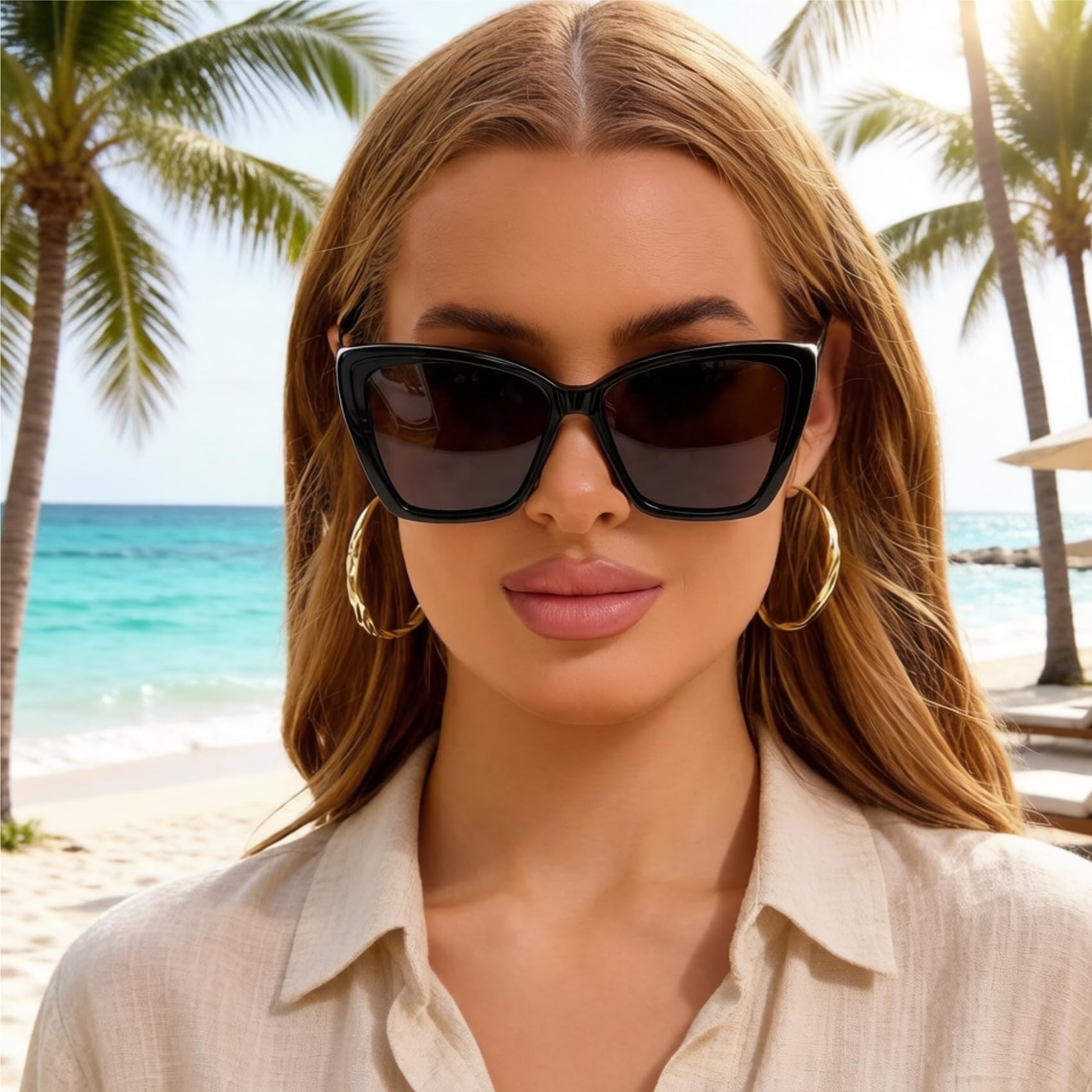 GMKATEYE Occhiali da sole da donna in stile retrò oversize con occhio di gatto, protezione UV 400, grande montatura in acetato e aste in lega di acciaio, occhiali da sole neri vintage alla moda