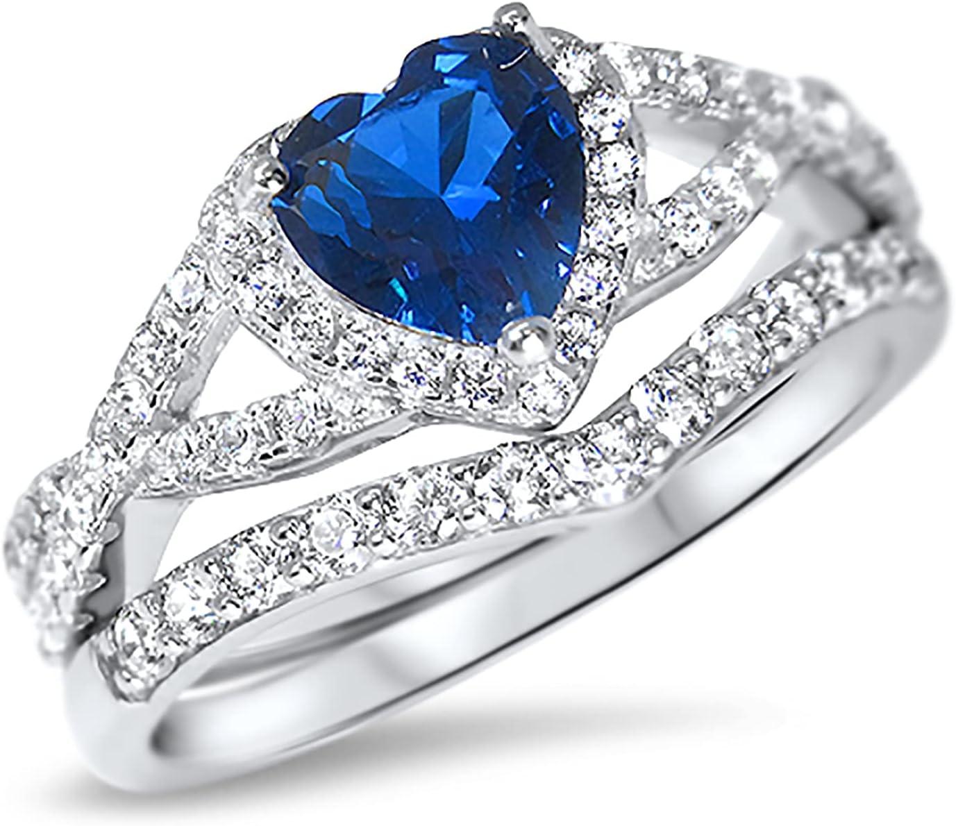 LaRaso & Co His Hers Sterling Blue Sapphire CZ Bridal Wedding Band Engagement Ring Set Him Her Thin Blue Line