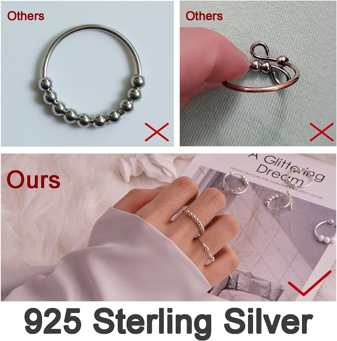 ASGIFT 925 Sterling Silver Anti Anxiety Ring fo Women Men Fidget Rings for Anxiety with Spinner Beads Stress Relief Stacking Rings Daughter Girls Jewelry - Image 5