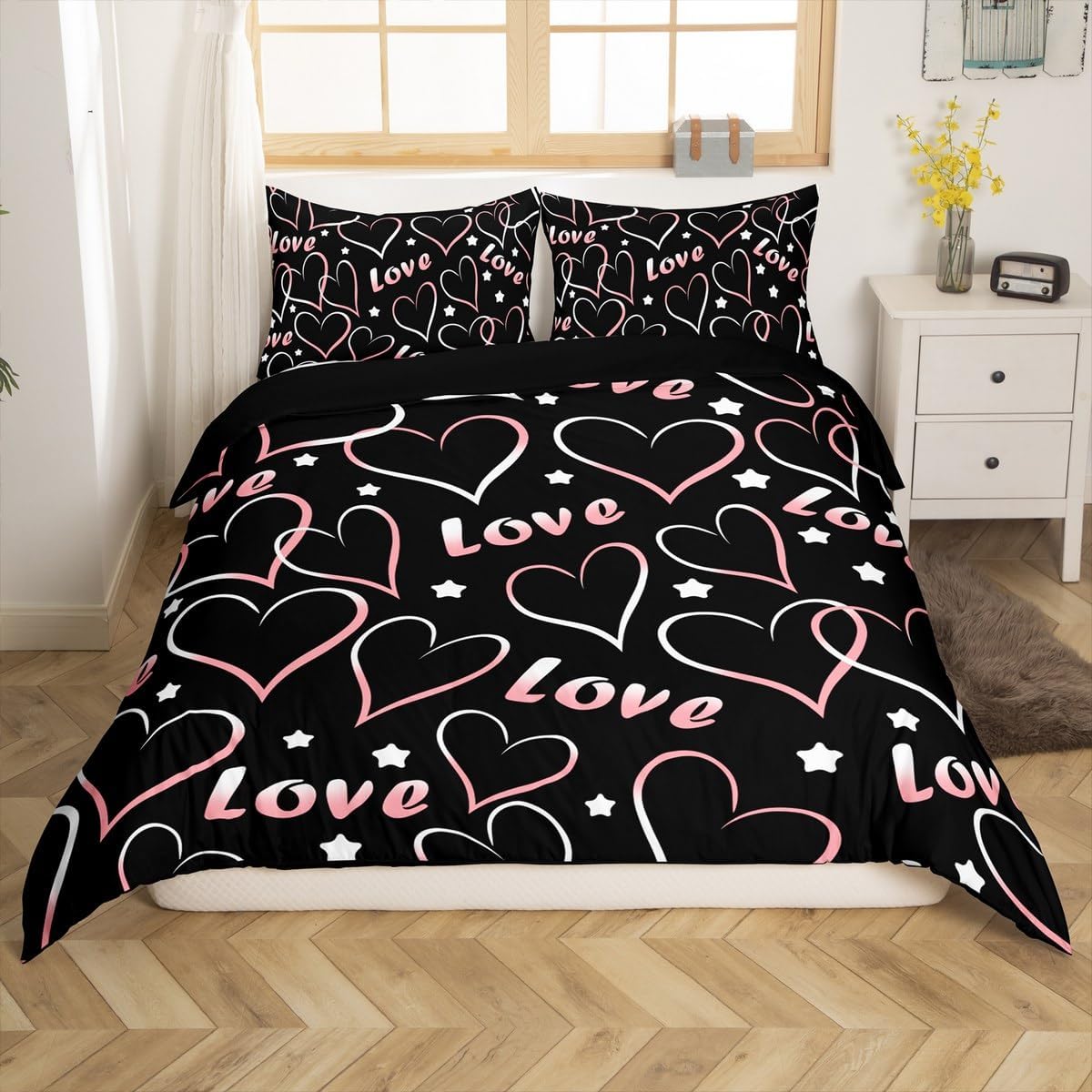 jejeloiu Heart Bedding Set Toddler Size Valentine's Day Comforter Cover Set for Boys Girls Teens Romantic Duvet Cover French Style Bedspread Cover Room Decor Black Pink Quilt Cover,No Comforter